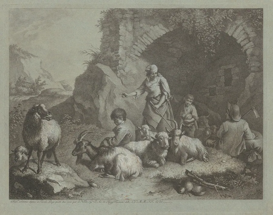 Woman, Shepherd Boys, and  Sheep near an Arch by Francesco Londonio