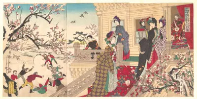 『雪中梅荘群児遊戯 図』|Children Playing in the Snow under Plum Trees in Bloom (Secchū baisō gunji yūgi zu)
