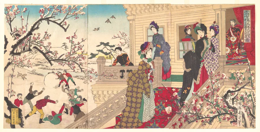 『雪中梅荘群児遊戯 図』|Children Playing in the Snow under Plum Trees in Bloom  (Secchū  baisō gunji yūgi zu) by Yōshū (Hashimoto) Chikanobu