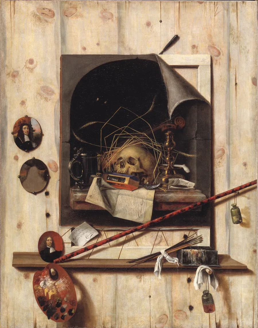 Trompe l'oeil med ateliervæg og vanitas-stilleben by Cornelius Norbertus Gijsbrechts