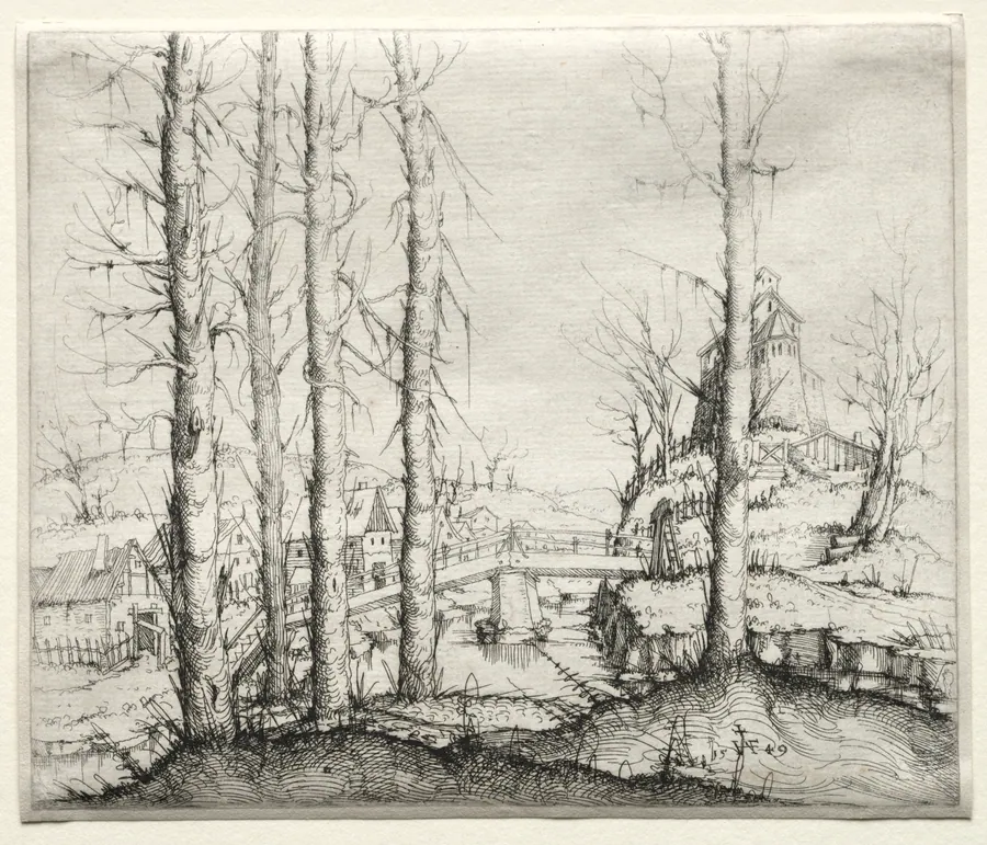 River Landscape with Five Bare Spruce Trees in the Foreground by Augustin Hirschvogel