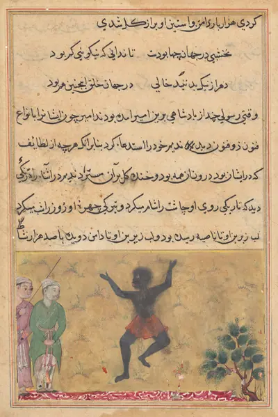 The court jester meets a Zangi dancing with joy, and learns from him that the cause of his happiness is his assignation with a woman who is the jester’s own wife, from a Tuti-nama (Tales of a Parrot): Twenty-second Night