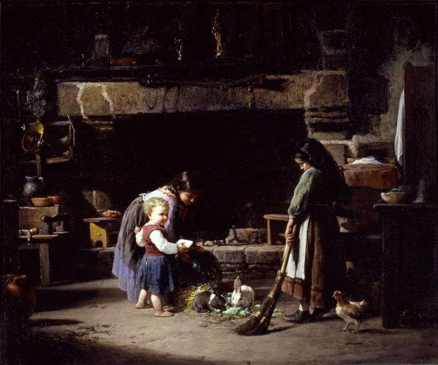 Farm Interior: Breton Children Feeding Rabbits by William Henry Lippincott, born Philadelphia, PA 1849-died New York City 1920