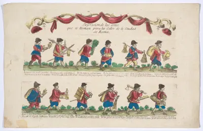 Title and plate 1 depicting the cries (trades) of Rome, here including vendors of goldfish, Milanese swords, hats etc, from the 'Descrición de las artes que se llaman para los calles de la ciudad de Roma'