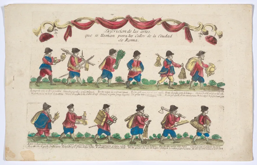 Title and plate 1 depicting the cries (trades) of Rome, here including vendors of goldfish, Milanese swords, hats etc, from the 'Descrición de las artes que se llaman para los calles de la ciudad de Roma' by Giovanni Ambrogio Brambilla