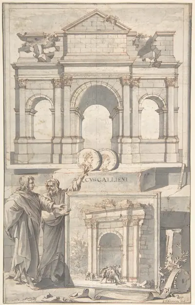 A Reconstruction of the Arch of Gallienus (above) and a View of the Ruins (below)