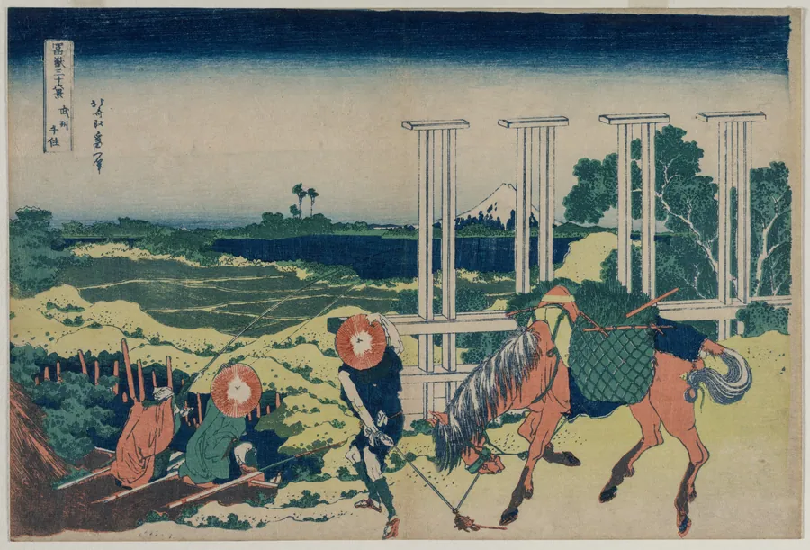The Weir at Senju in Musashi Province (from the series Thirty-Six Views of Mt. Fuji) by Katsushika Hokusai