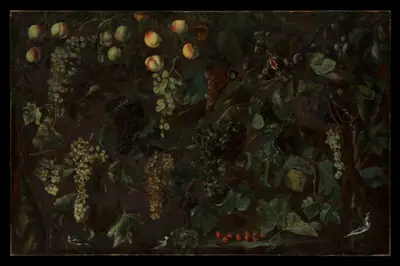 Grape Vines and Fruit, with Three Wagtails