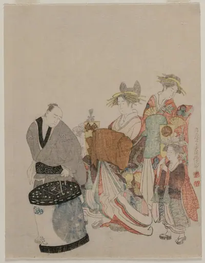 Courtesan on the Town with Attendants at Night