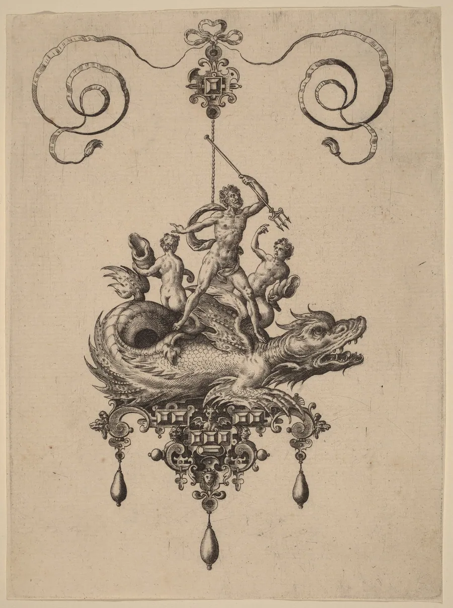 Design for a Pendant with a Sea-Monster Carrying Neptune Flanked by Two Figures by Adriaen Collaert