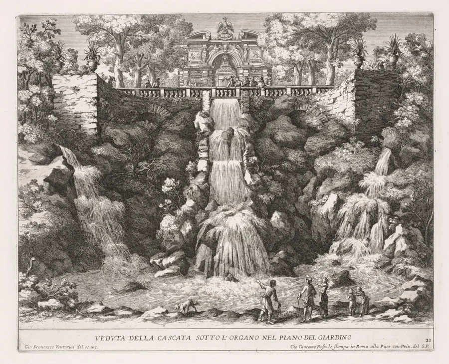 The Fountains of Rome (Le fontane di Roma), Book IV, plate 21: View of the Cascade below the Organ from the Garden (Veduta della Cascata Sotto L'Organo nel Piano del Giardino) by Giovanni Francesco Venturini