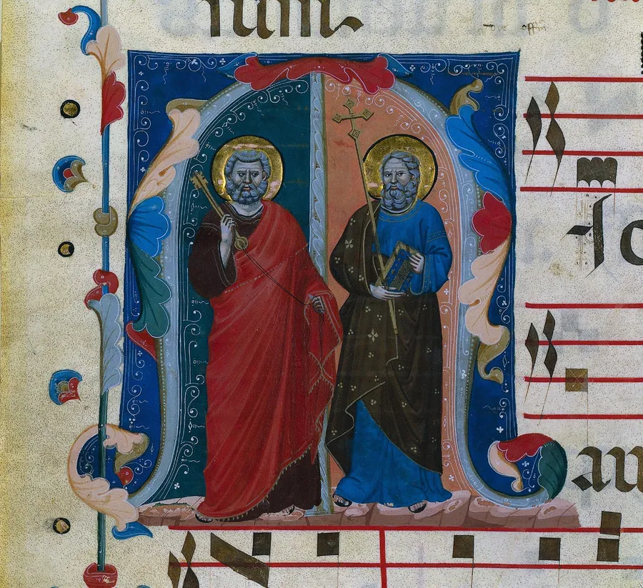 Leaf from a Gradual with Historiated Initial (M): Saints Peter and Andrew by Master of Isaac and Esau