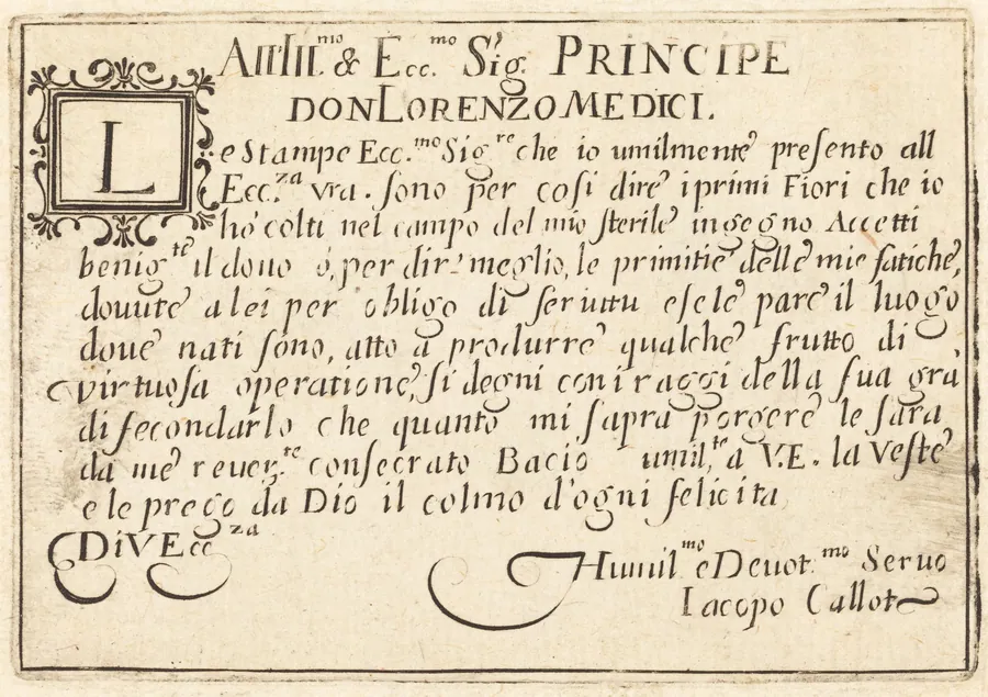 Dedication to Don Lorenzo de' Medici by Jacques Callot