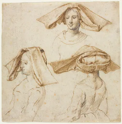 Three Studies of a Woman Wearing an Elaborate Headdress