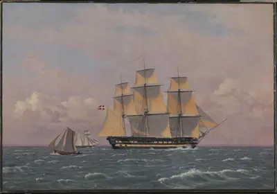 Et dansk orlogsskib "Dronning Marie" på 84 kanoner under sejl i Sundet