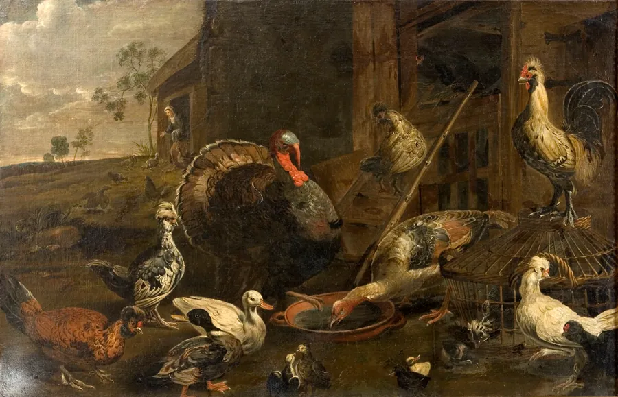 Høns, ænder og en kalkunsk hane by Adriaen van Utrecht