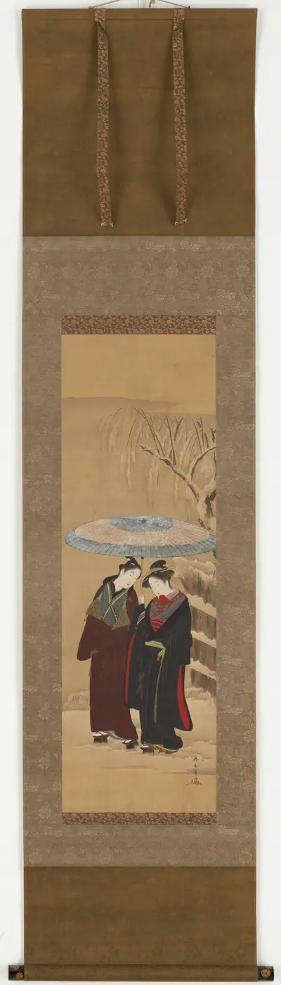 A girl and a man walking in the snow