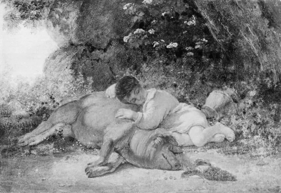 To venner. En dreng sovende ved et svin by Ernst Meyer