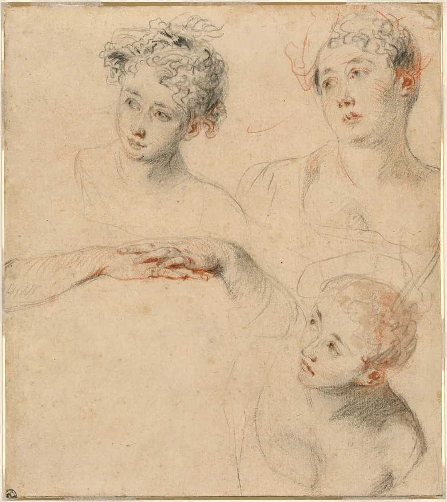 Three Studies of a Woman's Head and a Study of Hands [recto] by Antoine Watteau