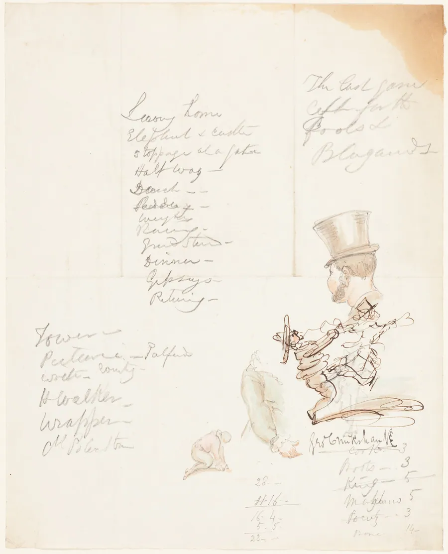 Sketches of Head, Arm, and Kneeling Figure by George Cruikshank