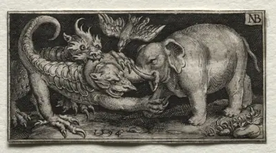 Elephant  Fighting two Beasts