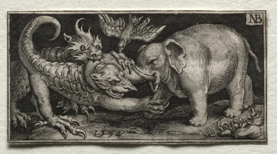 Elephant  Fighting two Beasts by Nicolaes de Bruyn