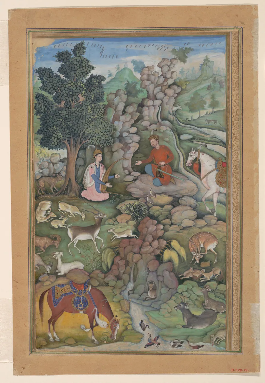 "Bahram Gur Sees a Herd of Deer Mesmerized by Dilaram' s Music", Folio from a Khamsa (Quintet) of Amir Khusrau Dihlavi by Miskin