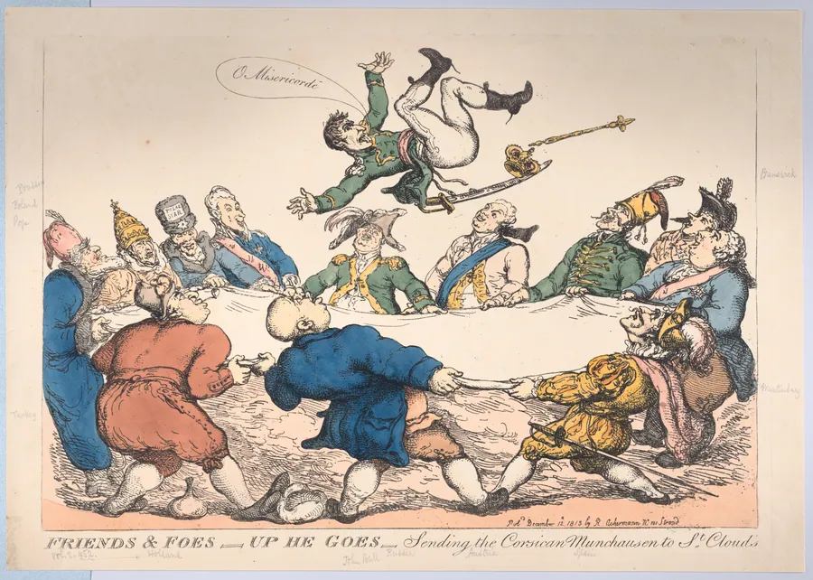 Friends and Foes–Up He Goes–Sending the Corsican Munchausen to St. Cloud's by Rudolph Ackermann, London