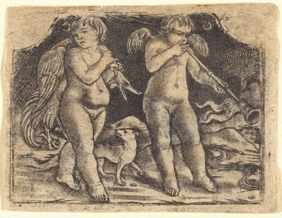 Cupid carrying a fowl accompanied by a dog, and another cupid playing a trumpet by Maso Finiguerra