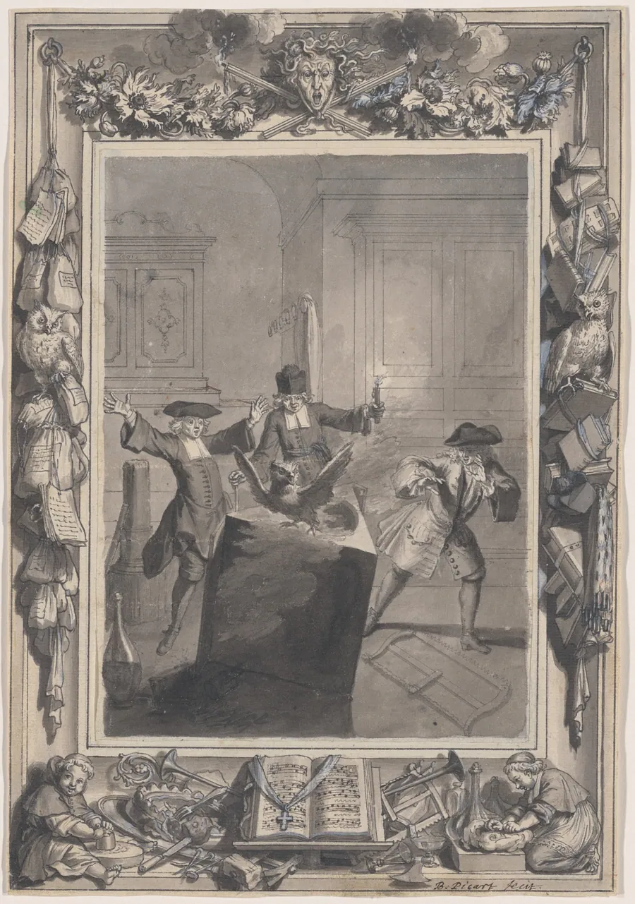 Le Lutrin: A  Night Scene with Boirude, Brontin, and L'Amour Surprised by an Owl Flying Out of a Lectern by Bernard Picart