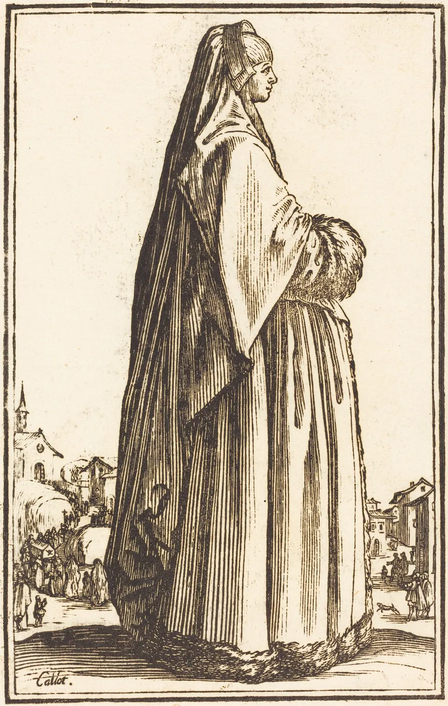 Noble Woman Wearing a Veil and a Dress Trimmed in Fur by French 17th Century