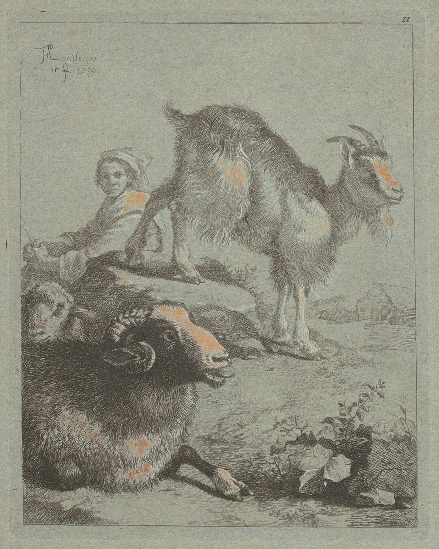 Seated Shepherdess, a Ram, a Sheep and a Goat by Francesco Londonio
