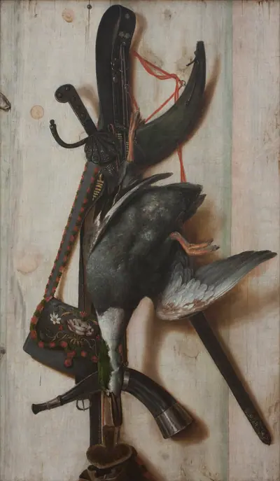 Trompe l'oeil med død and og jagtredskaber