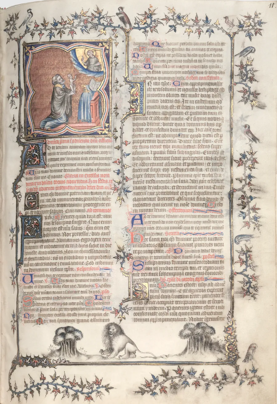 The Gotha Missal:  Fol. 11r, Offering of the Souls;  Bas-de-Page, Lions by Master of the Boqueteaux