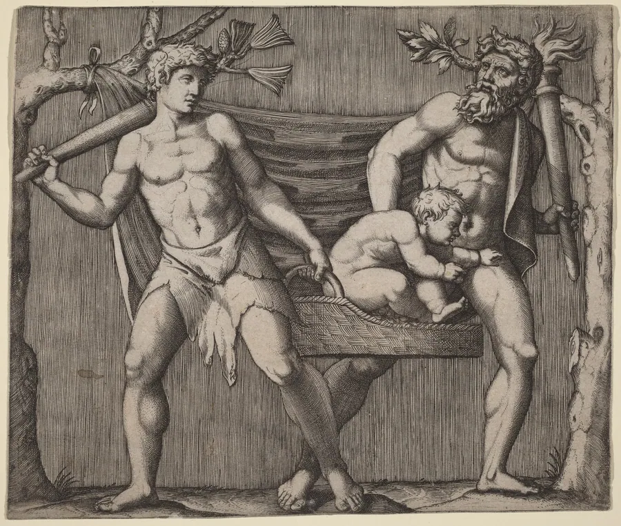 Two Fauns Carrying a Child by Marcantonio Raimondi