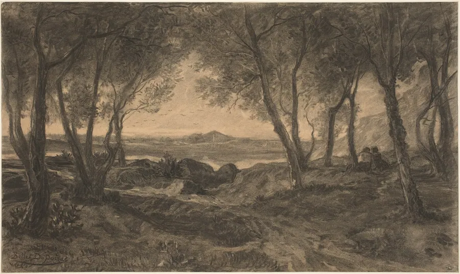 A Couple Seated among Trees above a Lake by Alfred Bellet du Poisat