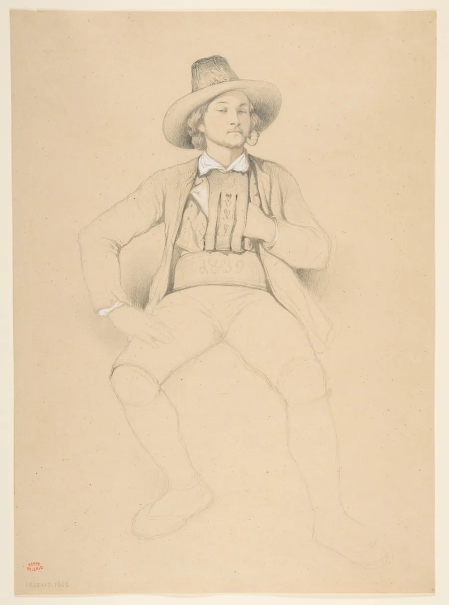 A Man in Tyrolean Costume, Seated, Smoking a Pipe by Théodore Valerio