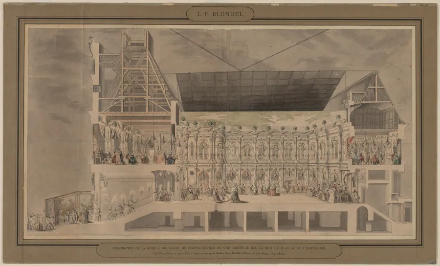 Cross Section of the Hôtel de Ville Seen in Perspective Showing the Decoration and Illumination of the Courtyard and Rooms Created on the Occasion of the Ball Given the Night of August 30 and 31, 1739 by Jacques-François Blondel