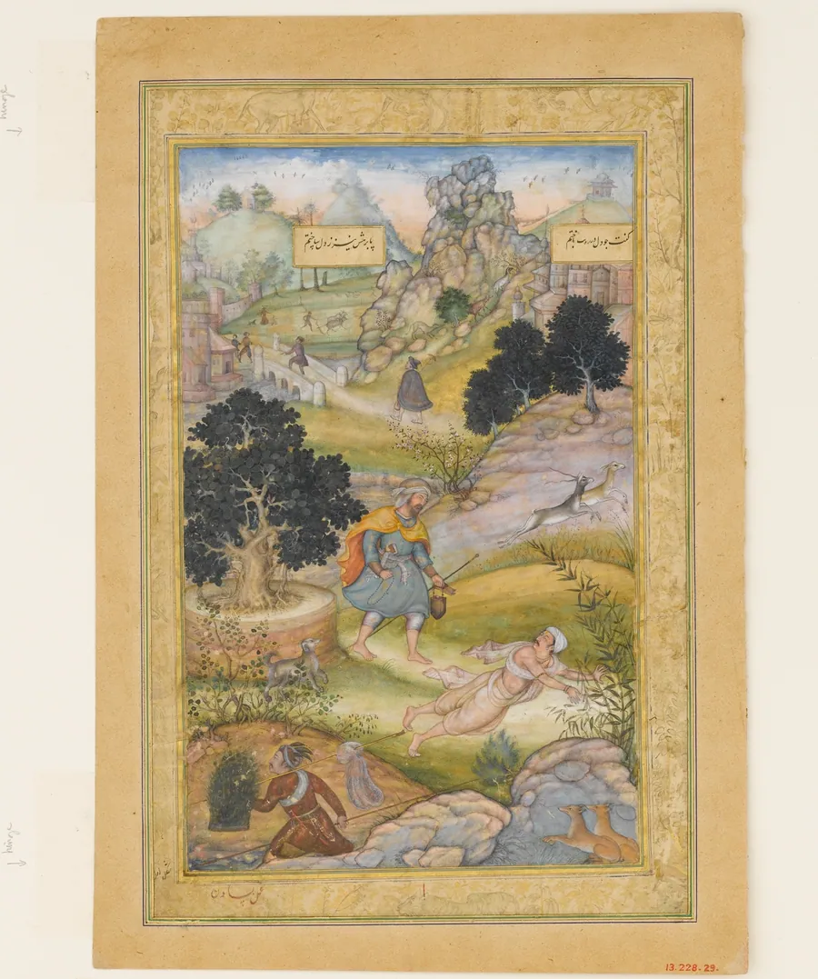 "A Muslim Pilgrim Learns a Lesson in Piety from a Brahman", Folio from a Khamsa (Quintet) of Amir Khusrau Dihlavi by Basawan