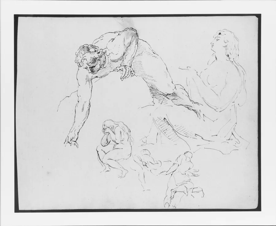 Nude Man Leaning Over Rock; Seated Female Figure; Seated Nude Female Figure with Hands to Face; Two Men Carrying Dead Body (from Sketchbook) by Thomas Sully