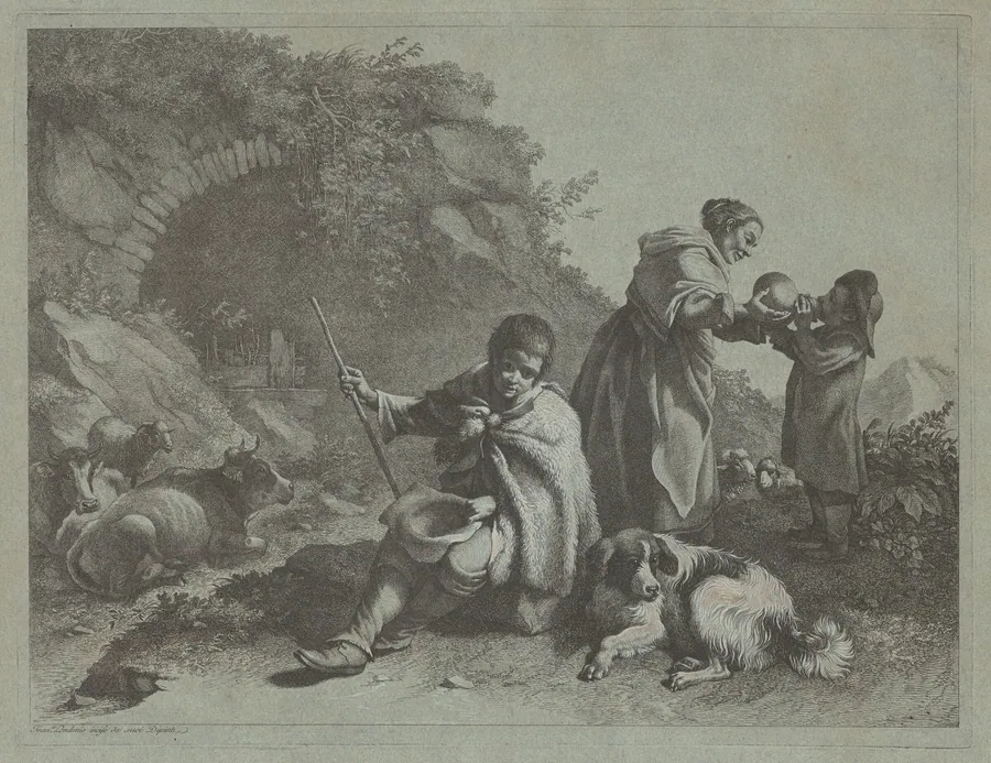 Seated Shepherd Boy and Woman Giving a Drink to a Child by Francesco Londonio