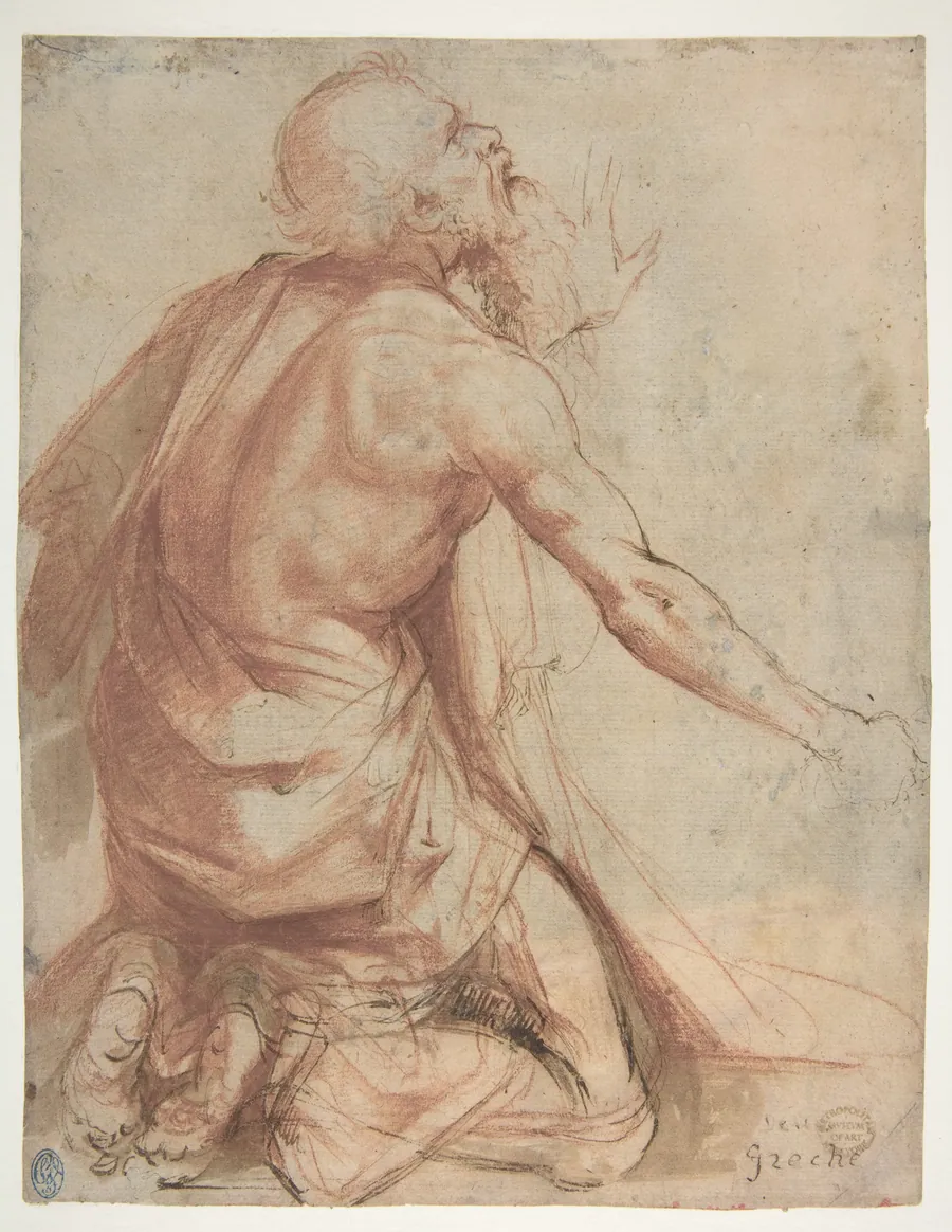 Kneeling Bearded Old Man (recto); Section of a Draped Limb and Sketches (verso) by Nosadella (Giovanni Francesco Bezzi)