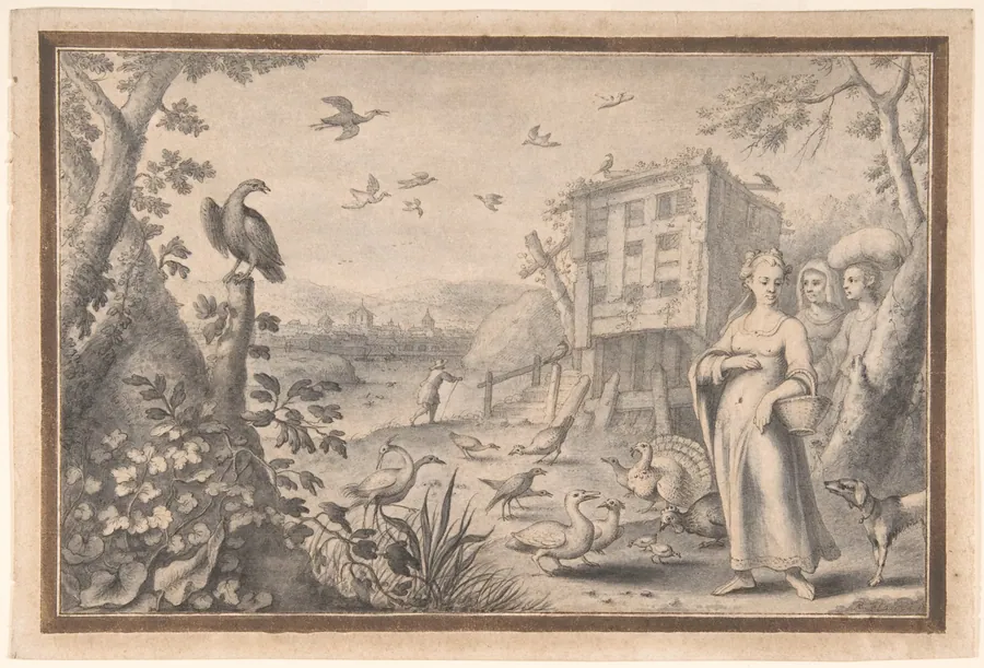 Landscape with Three Figures and Birds by Albert Flamen