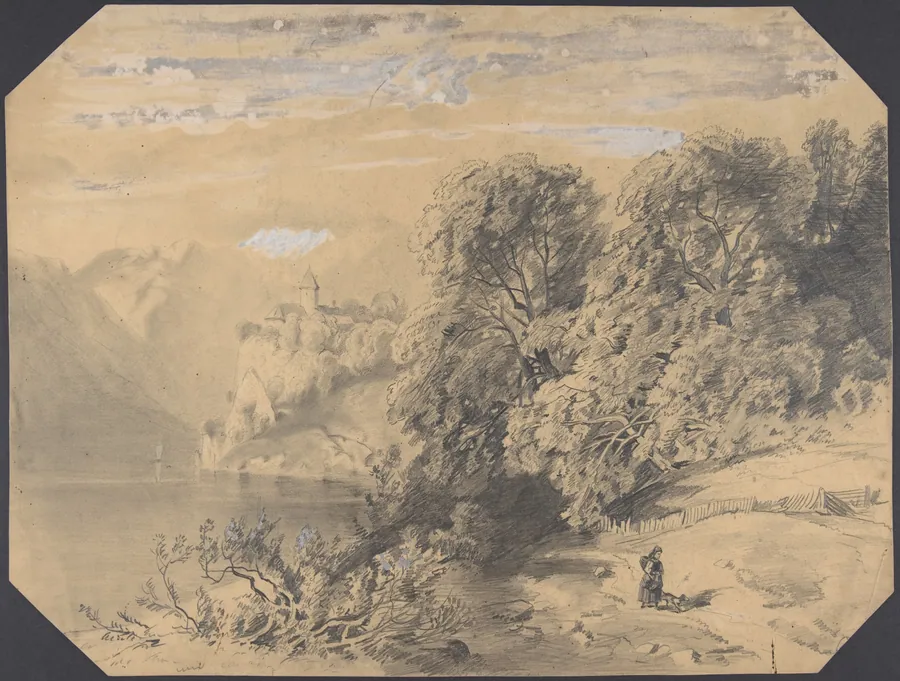 Woman with a dog by a mountain lake by Alexandre Calame