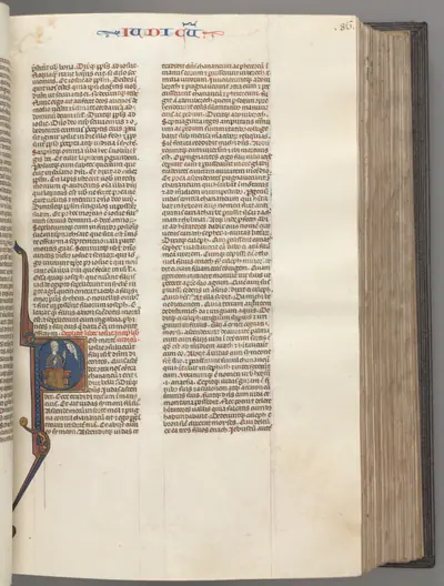Fol. 86r, Judges, historiated initial R, Judah seated with a book talking to God