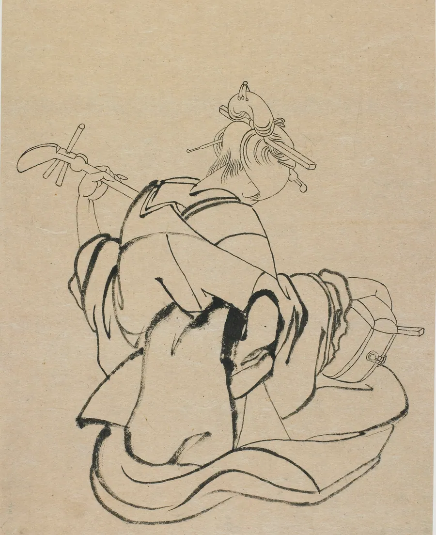 Woman with back to observer playing samisen by Katsushika Hokusai 葛飾北斎 (1760-1849)