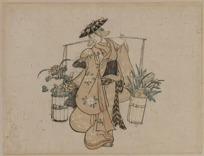 A Beauty Carrying Two Buckets of Flowers