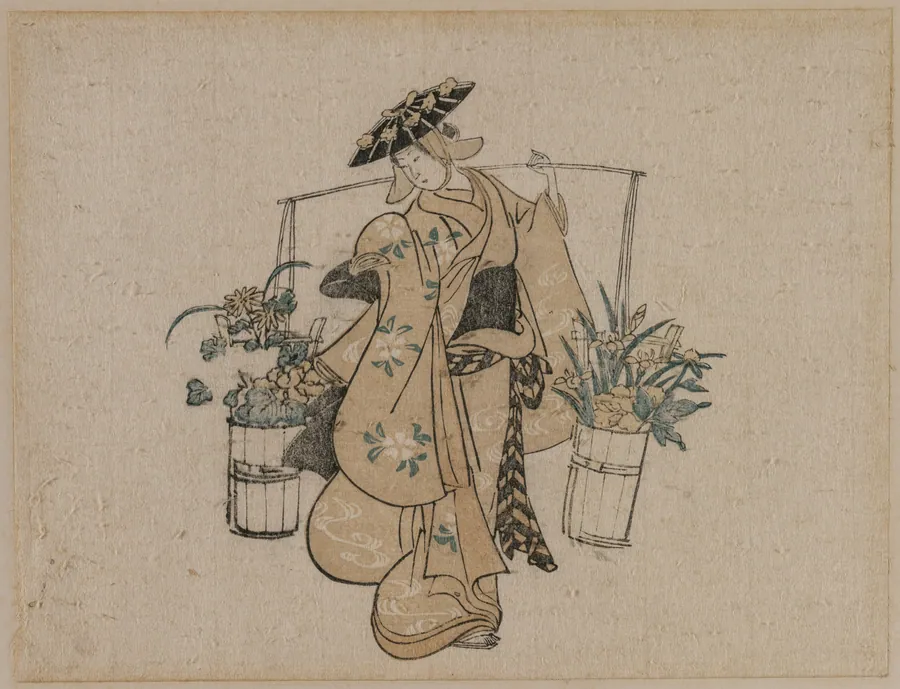 A Beauty Carrying Two Buckets of Flowers by Torii Kiyomasu