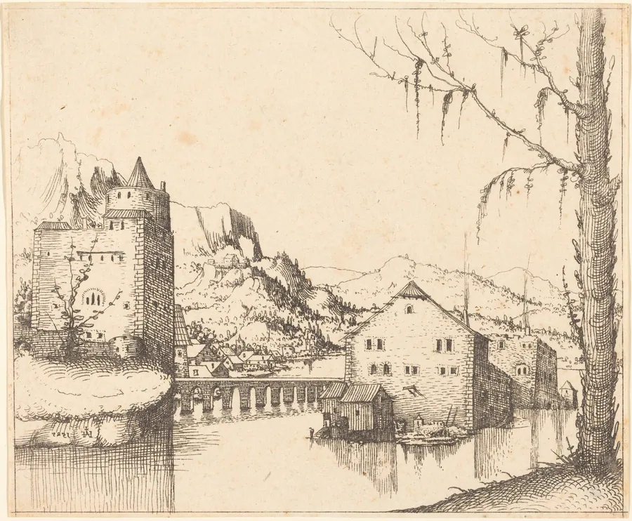 River Landscape with Two Buildings by Augustin Hirschvogel