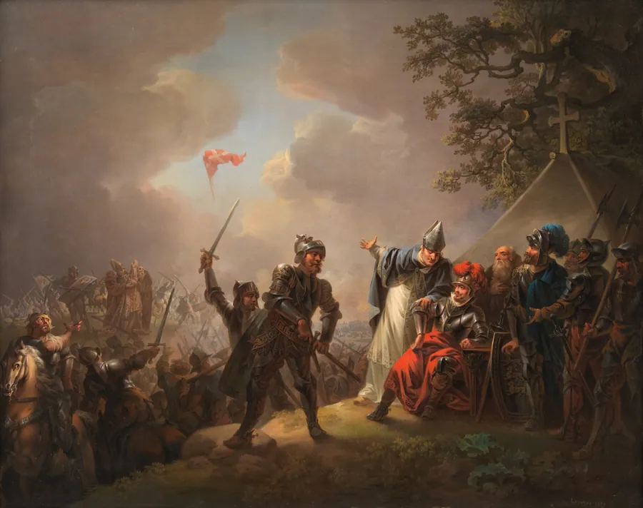 Dannebrog falder ned fra himlen under Volmerslaget ved Lyndanisse (Tallin) i Estland den 15. juni 1219 by C.A. Lorentzen